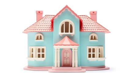 Charming pink and blue dollhouse with white details on pink base