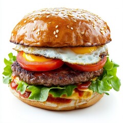 Delicious Beef Burger with Fried Egg, Tomato, and Lettuce Isolated on White Background
