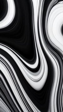 Abstract monochrome fluid art texture with swirling lines, curves, and a vortex pattern, creating a dynamic, modern background design.