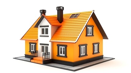 Vibrant orange house with black trim and chimney on white background