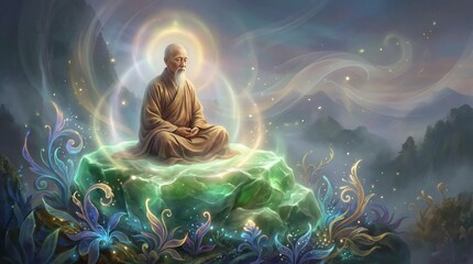 A Taoist alchemist or hermit in a secluded mountain retreat, practicing internal alchemy to cultivate the pill of immortality.