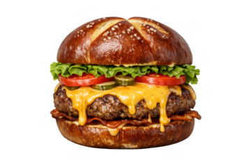 Gourmet cheeseburger on pretzel bun with bacon, melted cheese, lettuce, tomato, pickles for a delicious meal