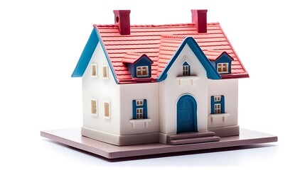 Charming miniature house model with red roof and blue accents on display