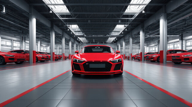 A vibrant red sports car is prominently displayed in a spacious modern automotive showroom, surrounded by other luxury vehicles under bright industrial lighting.