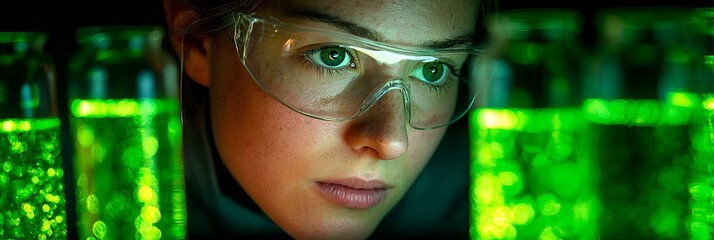 A young female scientist wea safety glasses carefully examines green liquid samples in test tubes inside a dark research laboratory environment.