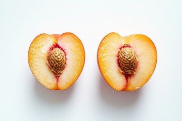 Two fresh Two fresh juicy peach halves with pits isolated on white backgroundjuicy peach halves with pits isolated on white background