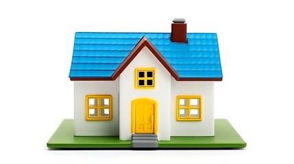 Charming miniature white house with blue roof and yellow door on green base