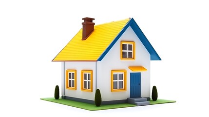 Colorful house with yellow roof and blue trim on green lawn