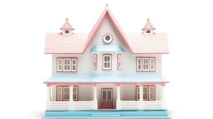 Charming miniature white and pink dollhouse with blue accents and porch