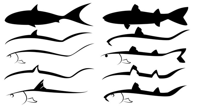 various silhouette art of fish images, isolated on white background.vector