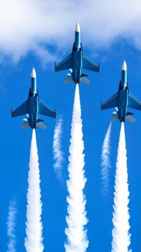 Three blue fighter planes flying in formation against a clear blue sky leaving white contrails behind them in upward motion.