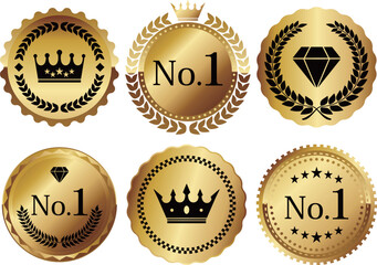 高級感のあるNo.1と王冠のエンブレム6種セット　ブラック＆ゴールド