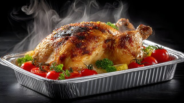Delicious roasted chicken is presented on a foil pan with tomatoes and parsley, emanating warm steam against a dark, isolated background.