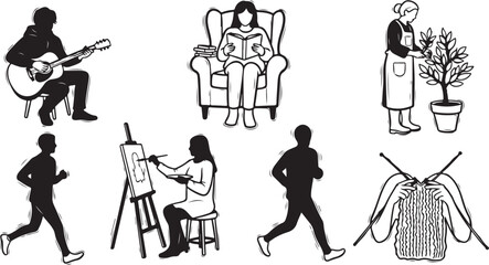 Silhouette illustrations of people engaging in various creative activities