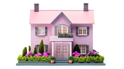 Charming pink house with lush garden and vibrant flowers outside