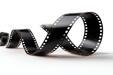 Curled black film strip on white surface, forming a loop