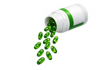 Green health supplements spilling from a white bottle, showing pharmaceutical and dietary wellness concept over transparent background