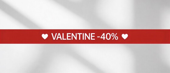 Minimal Valentine s Day sale banner with bold red stripe, white hearts and Valentine -40 text on soft light background, perfect template for romantic discount promotions and web advertising.