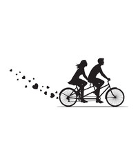 Naklejka premium Silhouette of a couple riding a tandem bicycle with hearts floating behind them.