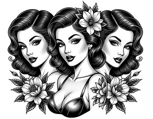 Tattoo design, black and white pin up girls,Tattoo sheets on white background