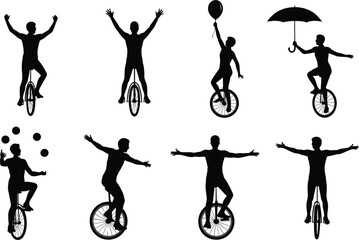 Silhouette Collection Of People On Unicycles With Props On White Background person woman © MdShahin