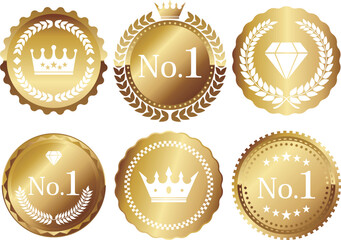 高級感のあるNo.1と王冠のエンブレム6種セット　ホワイト＆ゴールド