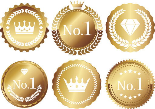 高級感のあるNo.1と王冠のエンブレム6種セット　ホワイト＆ゴールド