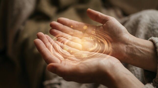 Hands emitting resonant energy that interacts with and heals the aura.