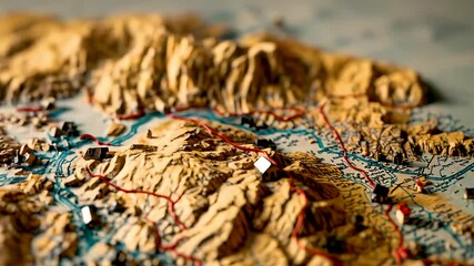Detailed Topographic Relief Map Model with Raised Mountains Rivers Valleys and Textured Terrain in Warm Lighting