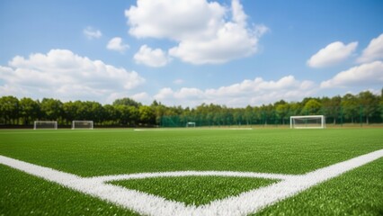 Fototapeta premium Low Angle View of an Empty Artificial Turf Soccer Field with White Corner Markings under a Blue Sky