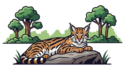 Wild cat resting on a rock in a peaceful forest clearing, flat vector illustration with solid colors and clean outlines, calm wildlife nature scene for animal and ecology themes