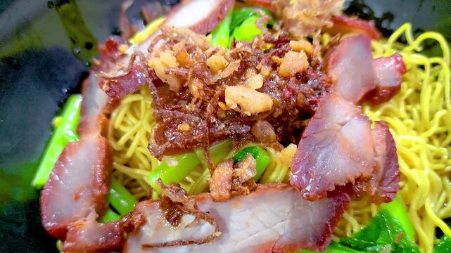 Top view of "Wan Ton" noodle. Traditional chinese food in Singapore and Malaysia.
