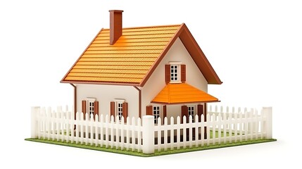 Charming miniature house with white picket fence and orange roof
