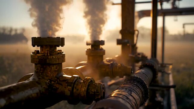 Industrial Oil Gas Pipeline Valves Releasing Steam Vapour in Misty Morning Sunrise Industrial Plant Scene