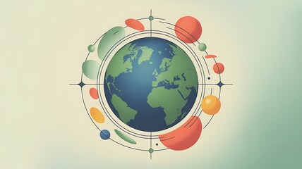 Vibrant illustration of Earth surrounded by colorful orbiting spheres