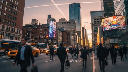 Obraz premium Busy urban street bustling with commuters at sunset.