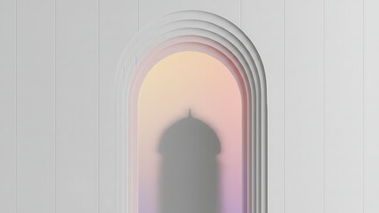 Fototapeta premium Arched Window Silhouette of Mosque at Sunset with Soft Glow Effect