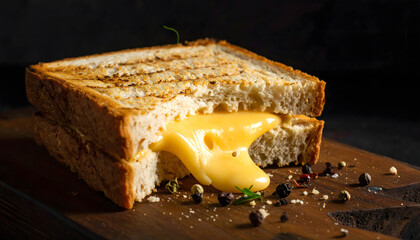 Bitten cheese toast slice bread sandwich snack breakfast food appetizer simple yellow cheddar dairy crusty bakery meal delicious fresh homemade generative AI