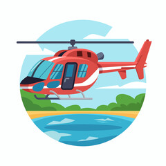 Fototapeta premium Red Helicopter Flying Over Scenic Lakeside Landscape