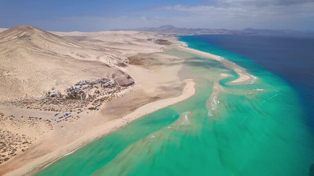 Aerial view of Playa de la Barca and Playa de Sotavento de Jandia, Fuerteventura, Canary islands, Spain