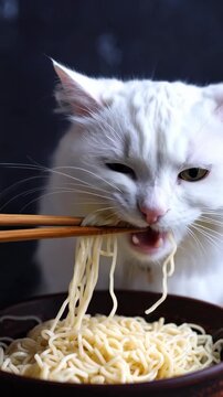 Adorable white cat enjoying noodles from a bowl using chopsticks against dark background
