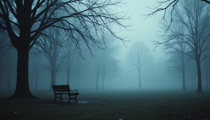 Lonely bench in foggy park, emotional storytelling, soft desaturated colors