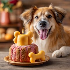 Smiling fluffy dog watches a small pink frosted cake topped with a yellow bone-shaped candle and extra bones on a wooden table in a warmly lit interior.