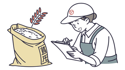 A person in an apron and cap inspects a sack of grain, making notes on a clipboard.
