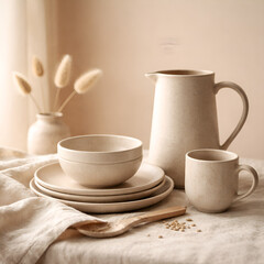 Fototapeta premium Rustic ceramic tableware set on natural linen in warm neutral tones. Ideal minimalist scene for kitchen branding, home decor, or lifestyle content.