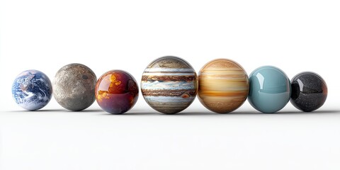 Seven planet-like spheres in a row on a white surface