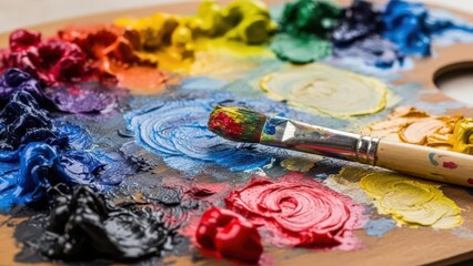 Colorful artist's palette with vibrant paint blobs and brush.