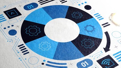 Futuristic Infographic Template with Blue Circular Chart and Gears