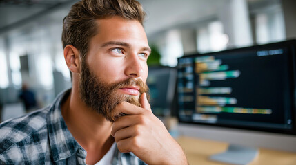 Serious pensive hipster young coder, bearded casual shirt wearing, computer software creating desktop, modern office environment working, development project focus, defocused works