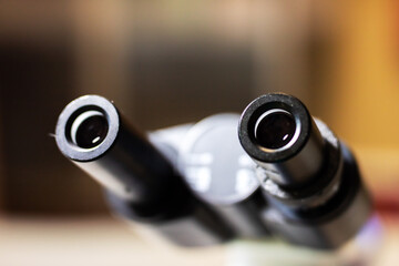 Microscope parts with ambient lighting, Closeup of advanced optical instrument details